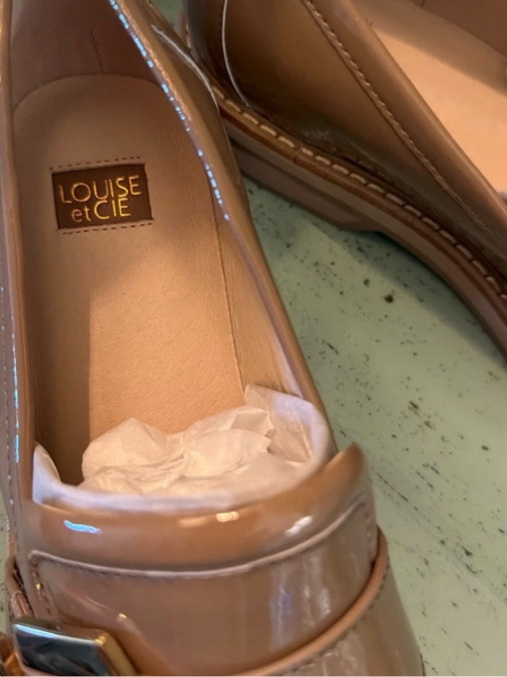 Louise et Cie Patent Loafers in Taupe with Gold Buckle - Picture 2 of 3
